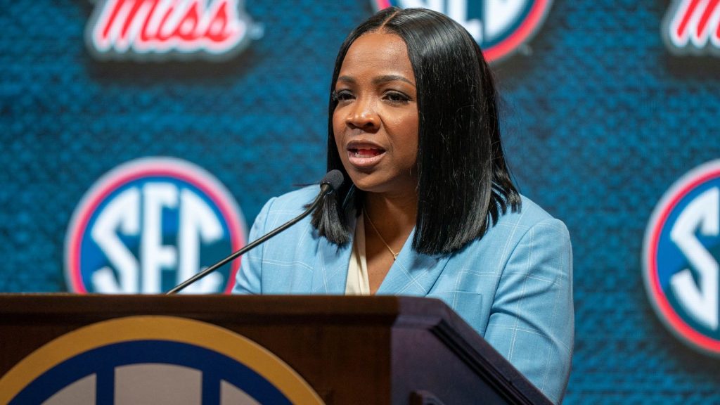 Oct 18, 2022; Mountain Brook, Alabama, US; Ole Miss Rebels women’s head coach Yolett McPhee-McCuin speaks to the media at the SEC Media days. Mandatory Credit: Marvin Gentry-USA TODAY Sports