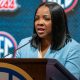 Oct 18, 2022; Mountain Brook, Alabama, US; Ole Miss Rebels women’s head coach Yolett McPhee-McCuin speaks to the media at the SEC Media days. Mandatory Credit: Marvin Gentry-USA TODAY Sports