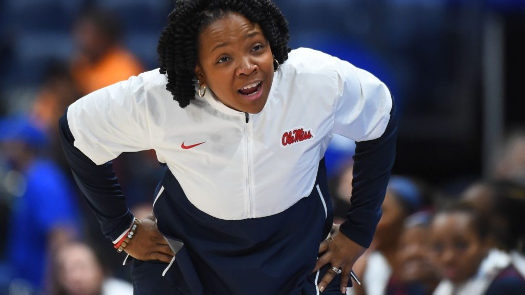 Mar 5, 2022; Nashville, TN, USA; Ole Miss Rebels head coach Yolett McPhee-McCuin reacts to a call during the second half against the South Carolina Gamecocks at Bridgestone Arena. Mandatory Credit: Christopher Hanewinckel-USA TODAY Sports