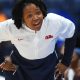 Mar 5, 2022; Nashville, TN, USA; Ole Miss Rebels head coach Yolett McPhee-McCuin reacts to a call during the second half against the South Carolina Gamecocks at Bridgestone Arena. Mandatory Credit: Christopher Hanewinckel-USA TODAY Sports