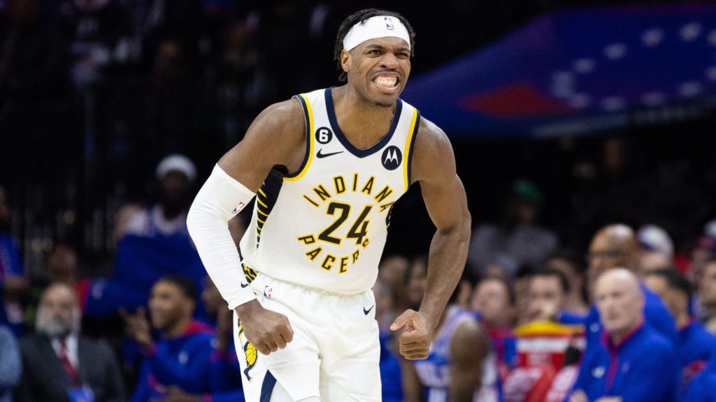 Jan 4, 2023; Philadelphia, Pennsylvania, USA; Indiana Pacers guard Buddy Hield (24) reacts after his three pointer against the Philadelphia 76ers during the fourth quarter at Wells Fargo Center. Mandatory Credit: Bill Streicher-USA TODAY Sports
