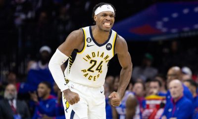 Jan 4, 2023; Philadelphia, Pennsylvania, USA; Indiana Pacers guard Buddy Hield (24) reacts after his three pointer against the Philadelphia 76ers during the fourth quarter at Wells Fargo Center. Mandatory Credit: Bill Streicher-USA TODAY Sports